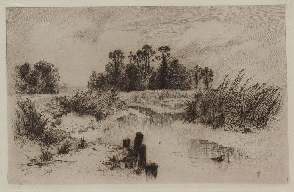 THOMAS MORAN STREAM ETCHING: MORAN, Thomas, (American 1837-1926): ''Stream in the Landscape'', Etching, 9'' x 12'' with margins, monogrammed in the plate lower right, unframed. CONDITION: browning along the edges, several scatter