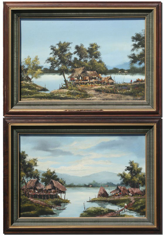 PAIR OF GOOD VIETNAMESE OIL PAINTINGS: 2 ILLEGIBLY SIGNED VIETNAMESE VILLAGE SCENES ON THE RIVER: Oil/Canvas laid on Masonite, 20'' x 30'', both are illegibly signed, matching frames one has termite damage, 26'' x 36''.