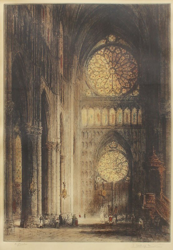 JAMES ALPHEGE BREWER ETCHING: BREWER, J. Alphege, (American, 1882-1938): Church Interior, Etching, sight size 20 1/2" x 14 1/4",pencil signed lower right, gilded and carved frame, 32 1/2" x 27".
