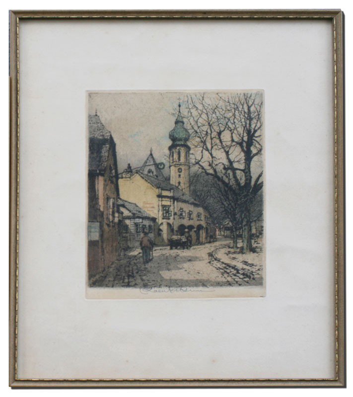 2 PC ROBERT KASIMIR ETCHING LOT: KASIMIR, Robert, (American, 1914-2002): Pair of Color Etchings to include 1) European Street Scene With Figures, sight size 15 1/4'' x 13 1/4'', pencil signed, framed, 16'' x 14''. Several scattered f