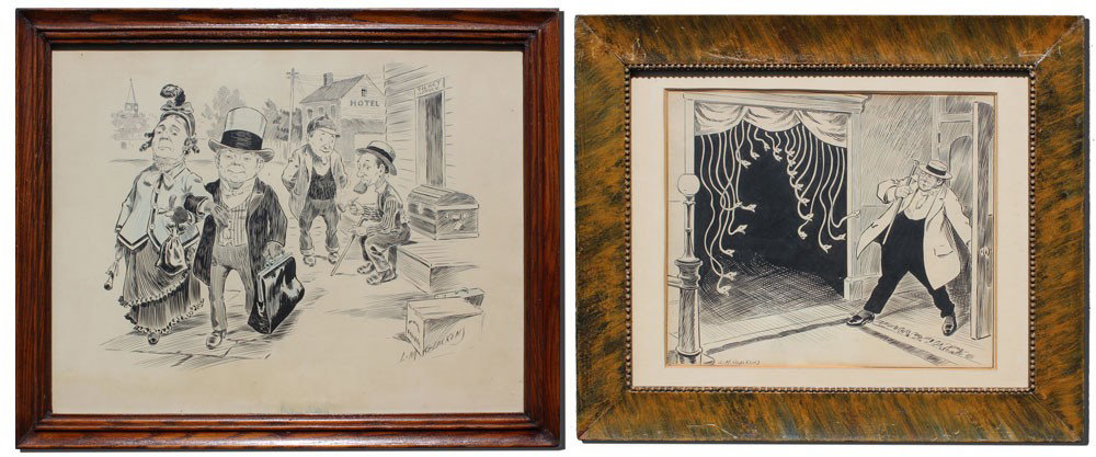 2 LOUIS GLACKENS ILUSTRATIONS FOR PUCK: GLACKENS, Louis, (American, 1988-1933): Pair of Pen and Ink Caricature Type Illustrations, one depicts an older couple walking arm and arm down the street, sight size 14'' x 18 1/4'', signed lower rig