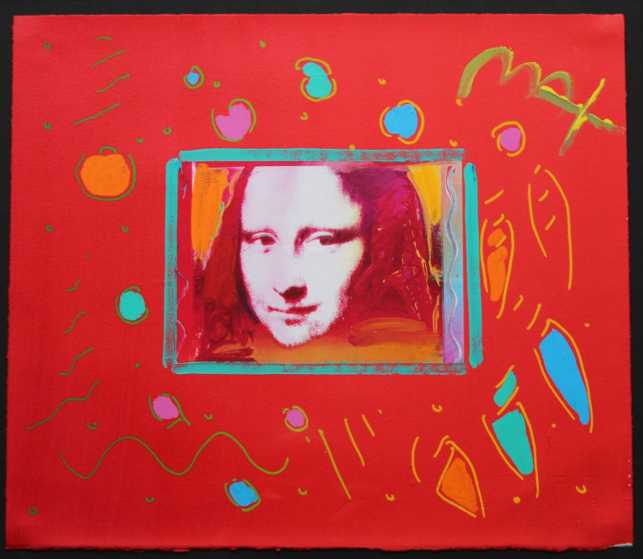 PETER MAX MONA LISA COLLAGE: MAX, Peter, (American, 1957-): Mona Lisa Collage #2, signed upper right, float mounted, 12" x 14", encased in gold frame, 24 1/2" x 26 1/2". This is an enhanced serigraph, not an original painting.