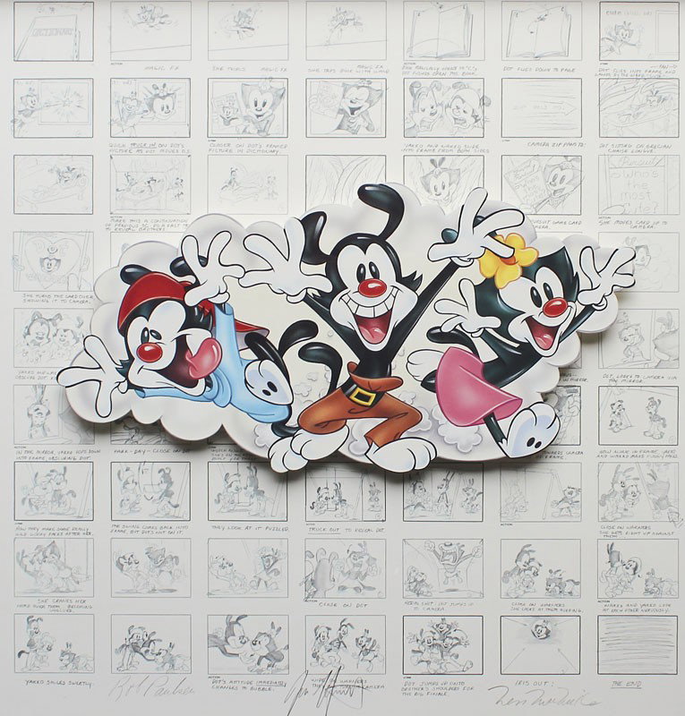 ANIMANIACS STORYBOARD W/COA: ANIMANIACS STORY BOARD: 22'' x 21'' sight size, pencil signed by the artist, custom frame, 29 1/2'' x 28 1/2'', Warner Brothers Certificate of Authenticity verso, limited edition fine art print issued