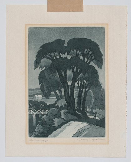 GEORGE JO MESS OLD IRON BRIDGE AQUATINT: MESS, George Jo, (American, 1898-1962): "Old Iron Bridge", Aquatint, 9 1/2" x 7 1/2", penciled signed & titled, matted, unframed.