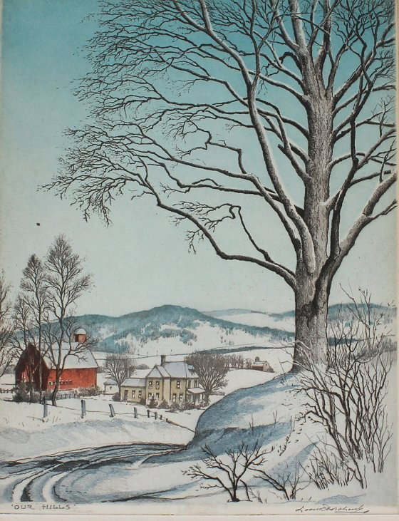 LEON PESCHERET OUR HILLS ETCHING : PESCHERET, Leon, (American, 1892-1971): "Our Hills", Color Etching, sight size 14 1/4" x 11 1/4", pencil signed lower right, titled lower let, monogrammed in the plate, painted frame with wear, 22" x 