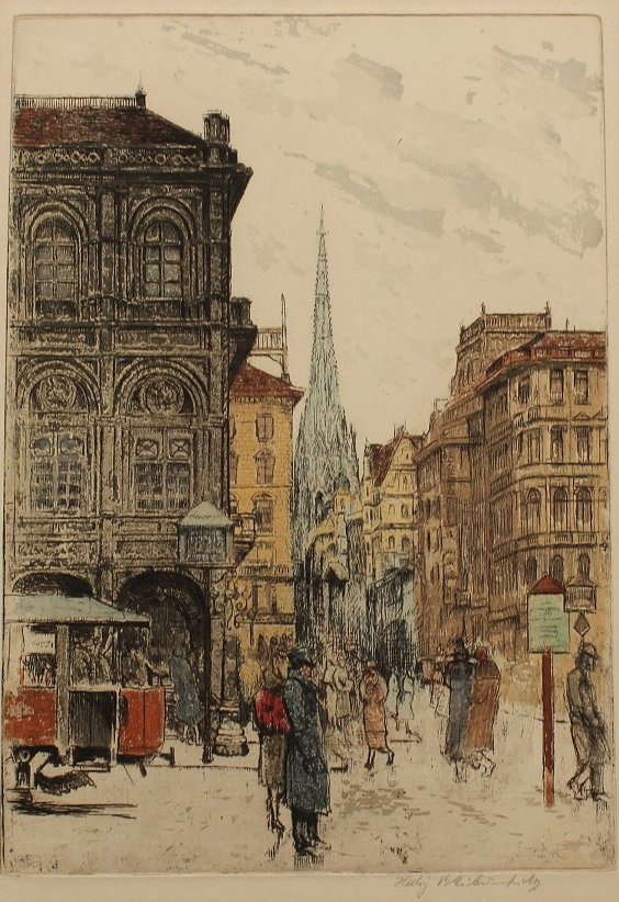 HEDWIG EIBUSCHITZ VIENNA OPERA ETCHING: EIBUSCHITZ, Hedwig Brecher, (Austrian, 1880-1959): "Opera & Karntnerstreet, Vienna", Drypoint Etching with Color, sight size 14 3/4" x 10 1/2", pencil signed lower right, original frame with wear and