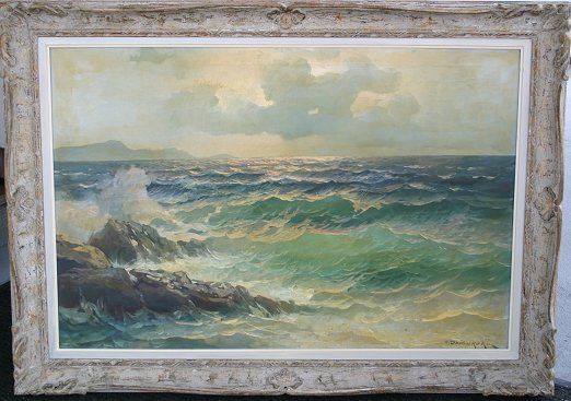 ALEXANDER DZIGURSKI SEASCAPE PAINTING: DZIGURSKI, Alexander, (American, 1911-1995): Coastal seascape, O/C, 24'' x 36'', signed lower right, encased in original frame, 30'' x 42''.
