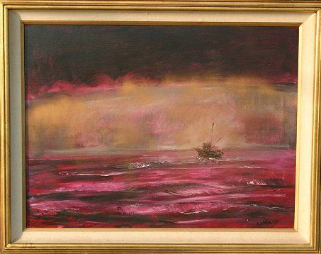 PASCAL CUCARO HARBOR SCENE PAINTING: CUCARO, Pascal, (American, 20th C): Purple sunset with ship, O/C, 30" x 40", signed lower right, encased in gold frame, 37" x 47".