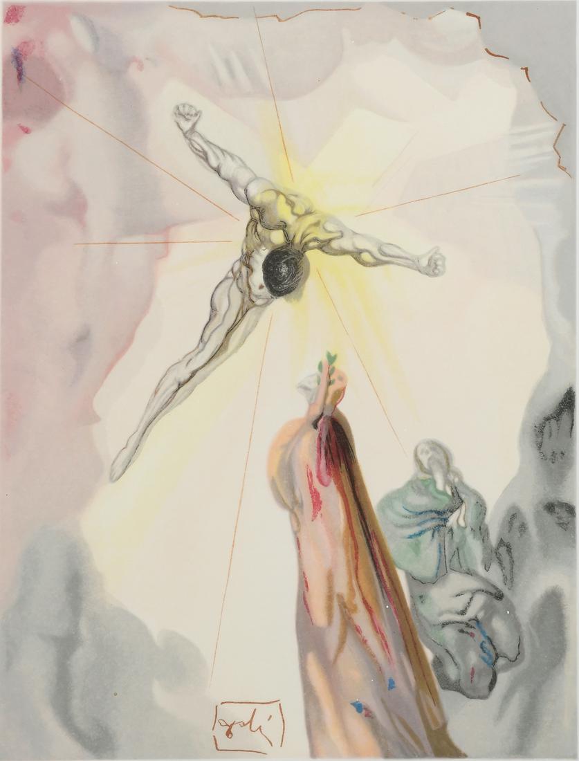 SALVADOR DALI "GHOST OF CHRIST" DIVINE COMEDY WOOD: DALI, Salvador, (Spain, 1904-1989): "Ghost of Christ, Heaven Canto XIII", Woodcut, 13" x 10", signed in the plate, float-mounted and framed, 26.5" x 23.75". Park West barcode on the back. The consigno