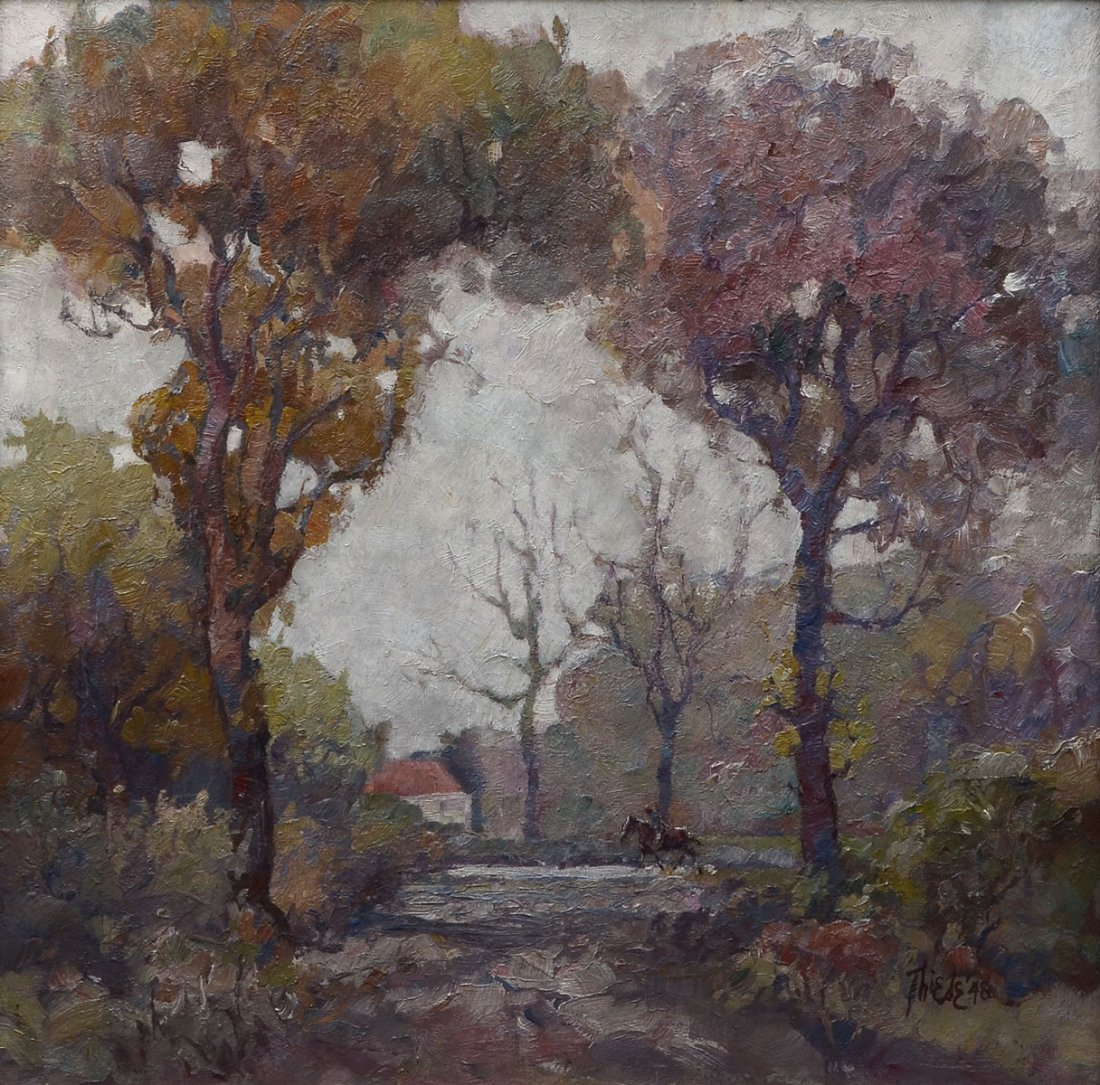 IMPRESSIONIST LANDSCAPE PAINTING BY HENRY THIEDE: THIEDE, Henry (German, 1871-1950): Landscape with Horse and Rider, Oil/Board, 18.5" x 18.5", signed lower right and dated '48, framed by Kummer, 23" x 23".