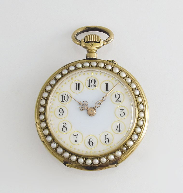 ANTIQUE 18K GOLD & SEED PEARL POCKET WATCH: ANTIQUE PEARL ENCRUSTED 18K GOLD POCKET WATCH, CA. 1890: 18K yellow gold openface pocket watch, extra fancy dial with Fancy Swiss hands. The 11 jewel Swiss movement is nice and clean in appearance (oi