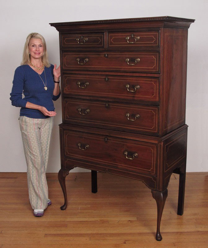 GEORGE II PERIOD TALL BOY CHEST: GEORGE II PERIOD TALL BOY CHEST: Red walnut and boxwood string inlay tall chest of 5 drawers on a single drawer stand with front cabriole legs ending in pad feet. 70 1/2" h. x 43 1/2" x 22 1/2".