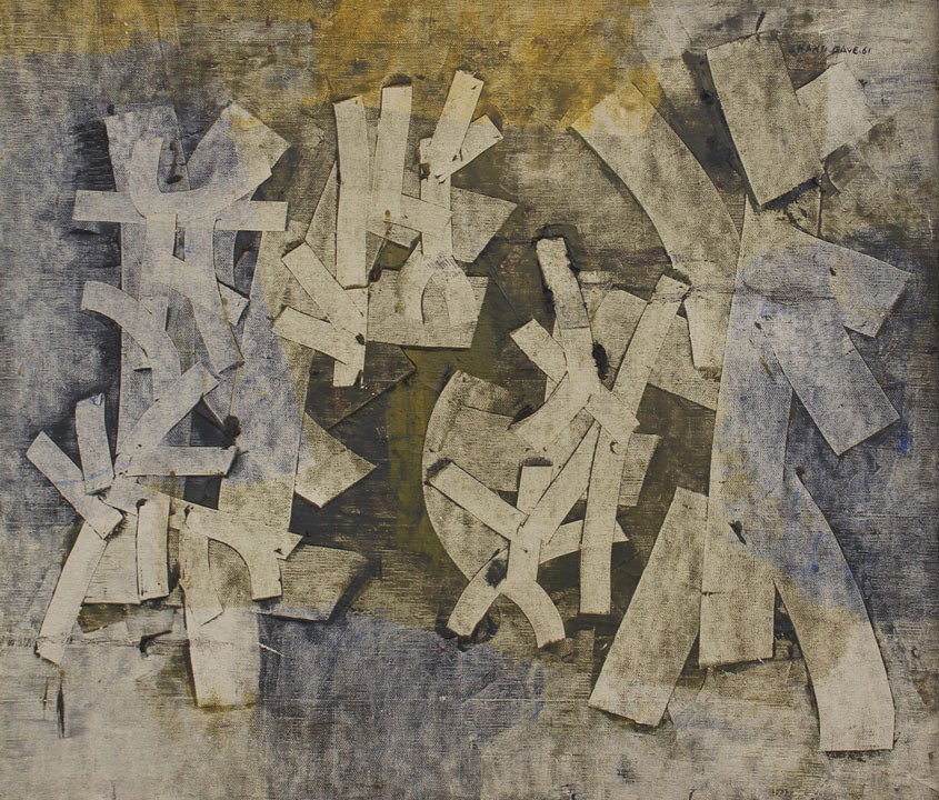 SHANTI DAVE MIXED MEDIA INDIAN ARTWORK: SHANTI DAVE, (Indian, 1931-): Untitled Composition, Mixed Media on Canvas, 21" x 25", signed upper right and dated '61, framed, 24 1/2" x 28 1/2". Perlman Gallery, prior to that, purchased from a Mont