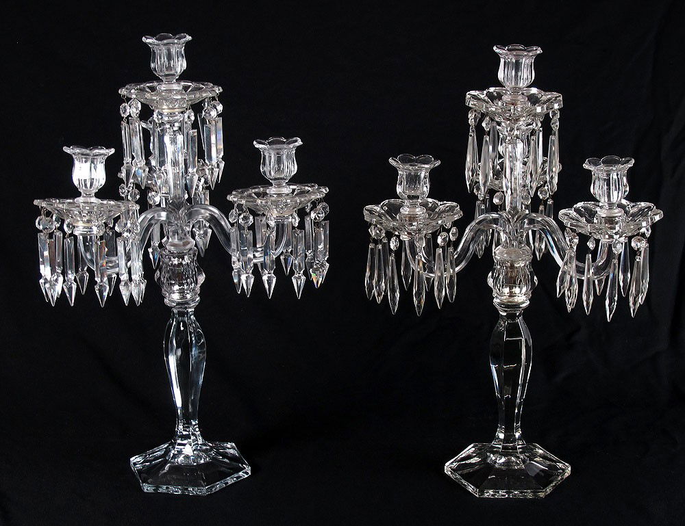 PAIR ELEGANT FOSTORIA GLASS CANDELABRA: 2 ELEGANT FOSTORIA GLASS CANDELABRUM: Each 4 light candelabrum similar in design, with differing prisms and bobeche, each approx. 22"h. x 9" x 9".