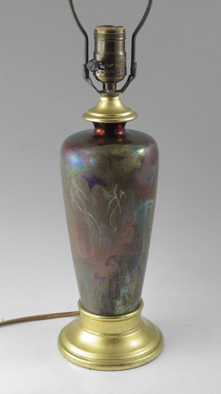 CLEMENT MASSIER ART NOUVEAU IRIDESCENT VASE / LAMP: CLEMENT MASSIER ART NOUVEAU CERAMIC LAMP / VASE: Iridescent morning glory design. Water gilt mountings. Ceramic is approx. 9''. Lamp is 19'' tall overall.