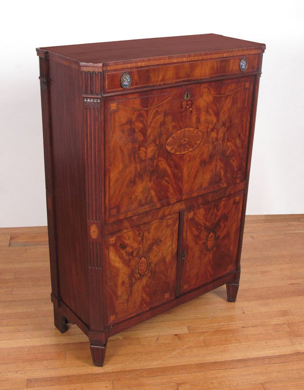 DUTCH BIEDERMEIER SECRETAIRE ABATTANT: DUTCH BIEDERMEIER SECRETAIRE ABATTANT: Early 1800's, dentil molding over single drawer with enameled cabochon pulls. Floral and string inlaid fall front opens to reveal pigeon holes, central door with