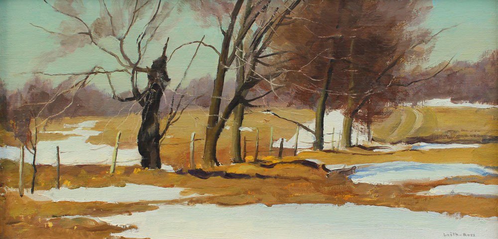 HARRY LEITH-ROSS WINTER THAW PAINTING: LEITH-ROSS, Harry, (American, 1886-1973): Winter Thaw Landscape, OIL/Canvasboard, 8'' x 16'', signed lower right, contemporary metal frame, 14 1/2'' x 21 1/2''.