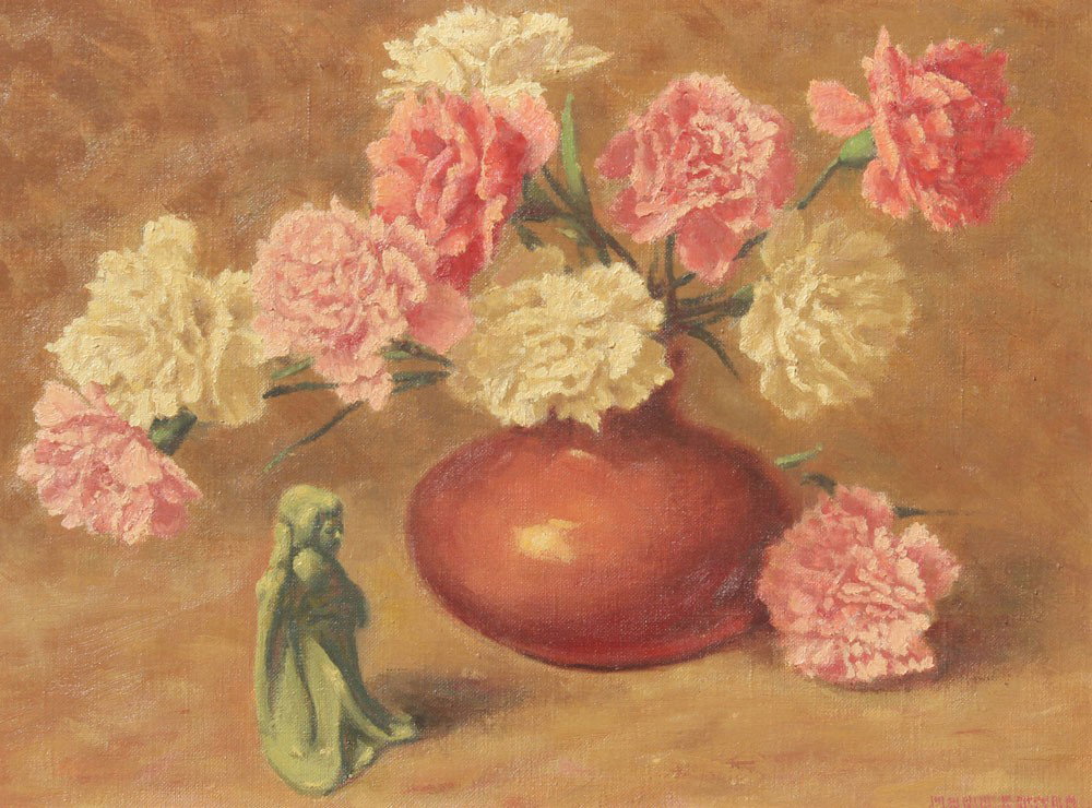 MARIO CASTRO STILL LIFE PAINTING: CASTRO, Mario, (American, 1916-2010): Still Life of Carnations and Oriental Idol, Oil/Canvasboard, 12'' x 16'', signed lower right, framed, 15'' x 18''.