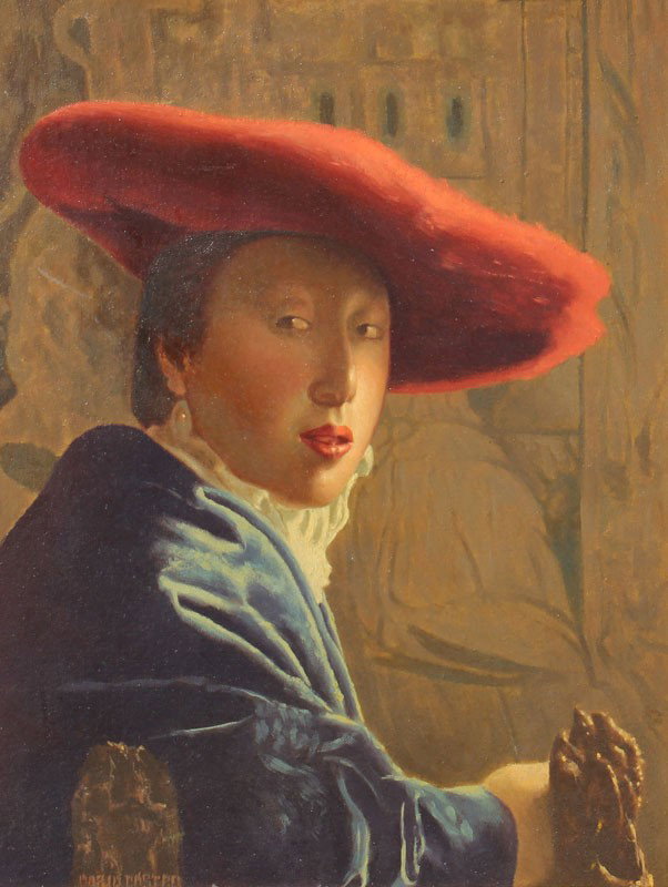 MARIO CASTRO AFTER VERMEER PAINTING: CASTRO, Mario, (American, 1916-2010): Girl Wearing Red Hat, After Vermeer, Oil/Canvasboard, 18'' x 14'', signed lower left, carved frame, 22'' x 18''.