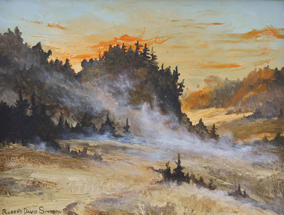 ROBERT DAVID SIMPSON CANADIAN PAINTING: SIMPSON, Robert David, (Canadian, 20th C.): Morning Mist Landscape, OIL/Masonite, 13" x 16 3/4", signed lower left, framed, 21 1/2" x 25 1/2".