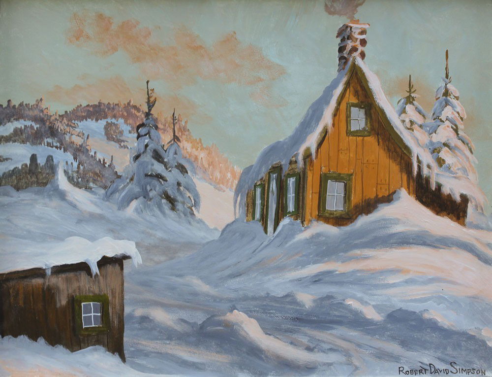 ROBERT DAVID SIMPSON CANADIAN PAINTING: SIMPSON, Robert David, (Canadian, 20th C.): "Old Quebec Farmhouse", OIL/Masonite, 14" x 18", signed lower right, original painted frame, 24" x 28".