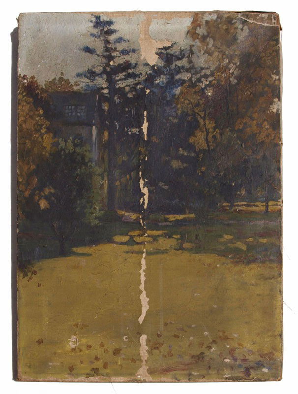 JOSEPH SMITH TRINITY COLLEGE PAINTING: SMITH, Joseph Lindon, (American, 1862-1950): ''Autumn Morning'', depicts an open field with building obstructed by trees, Oil/Canvas, 18'' x 14'', monogrammed JLS lower left, inscribed in pencil on st