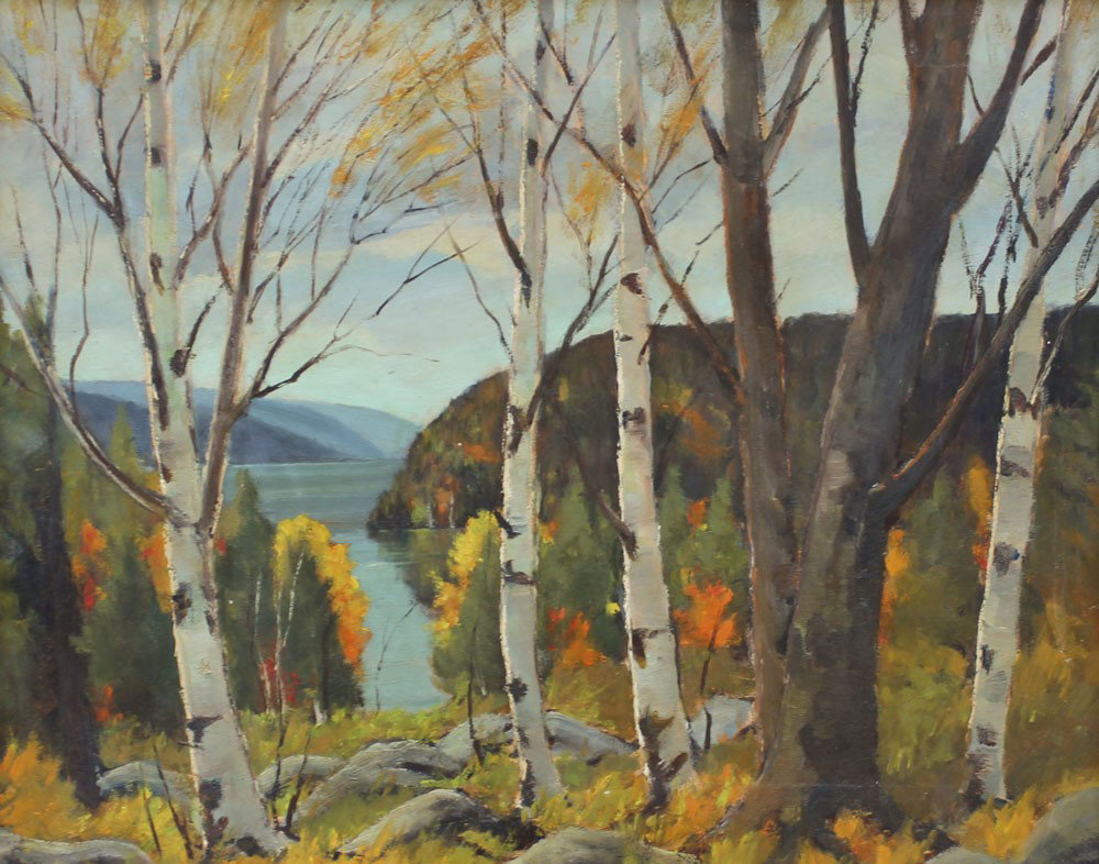 BERTRAM WILSON LANDSCAPE PAINTING: WILSON, B. Russell, (Canadian, 20th C.): Lakeside Scene Through the Birches, OIL/Masonite, 16" x 20", unsigned, framed, 21" x 25".