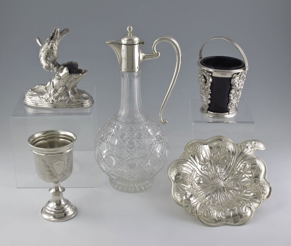 TABLE TOP STERLING & SILVERPLATE ALVIN CHRISTOFLE: 5 PIECE STERLING AND SILVERPLATE COLLECTION: To include 1) Alvin sterling repousse floral form dish, 7 1/2" dia. 2) Christofle cut glass and silverplate mounted claret jug, 10 1/2" h. x 5". 3) Silver