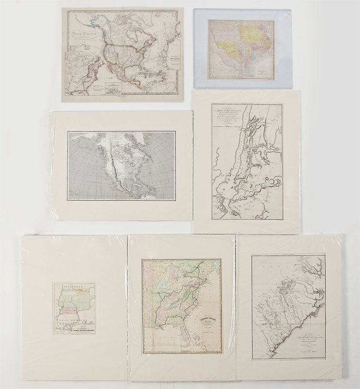 COLLECTION OF 7 ANTIQUE US MAPS: COLLECTION OF 7 ANTIQUE US MAPS: To include 1) 1806 "A map of Virginia, North Carolina, South Carolina and Georgia". Engraved by Samuel Neele, published by Richard Phillips. Sight size 15" x 10 1/2". 