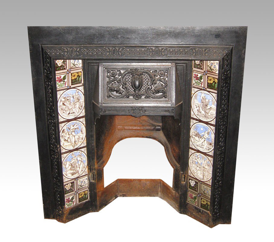 FRENCH CAST IRON FIRE PLACE INSERT + TILE SURROUND: FRENCH CAST IRON FIREPLACE INSERT WITH TILE SURROUND: Cast iron fireplace insert with tiles featuring characters of King Arthur tales, Isolt, Vivien, Lynette, Gwinevere, Pelleas and Gareth. Measures 3