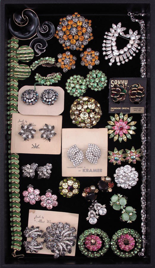 Sgnd COSTUME JEWELRY Weiss Warner Lisner Trifari K: TRAY LOT OF SIGNED COSTUME JEWELRY: To include, colorful Austrian Crystal sets and singles; multitudes of Weiss with two on original cards; Joseph Warner; Lisner; Swarovski Crystal clips in red and gr