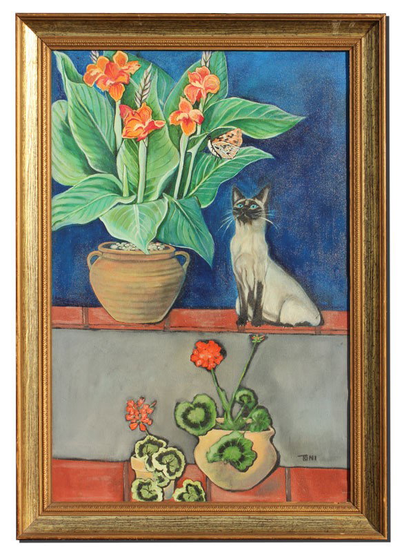 TONI ROOP SIAMESE CAT PAINTING: ROOP, Toni, (American, 20th c.): "Anticipation", OIL/Canvas, 35 1/4" x 23 1/2", signed lower right, depicts a Siamese cat eyeing a butterfly in an interior, framed, 41" x 29", original artists label v