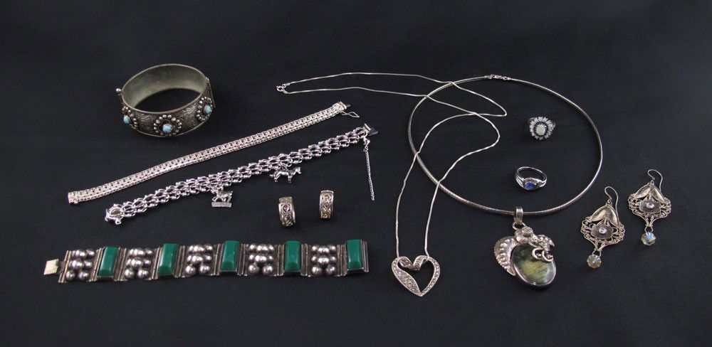 STERLING JEWELRY OPAL MARCASITE LABRADORITE: ESTATE LOT OF STERLING JEWELRY: Includes opal and sapphire ring, crack to opal, marked 925, size 7, .15 troy oz; tanzanite? ring, marked 925 China, size 7, .13 troy oz.; Italian hinged bangle bracelet