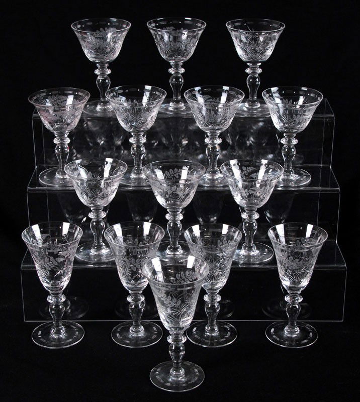 14 HAWKES INTAGLIO CUT CRYSTAL STEMS: 14 HAWKES INTAGLIO CUT CRYSTAL STEMS: 10 liquor cocktails, 4 1/2" tall and 4 wine, 5 1/2" tall.