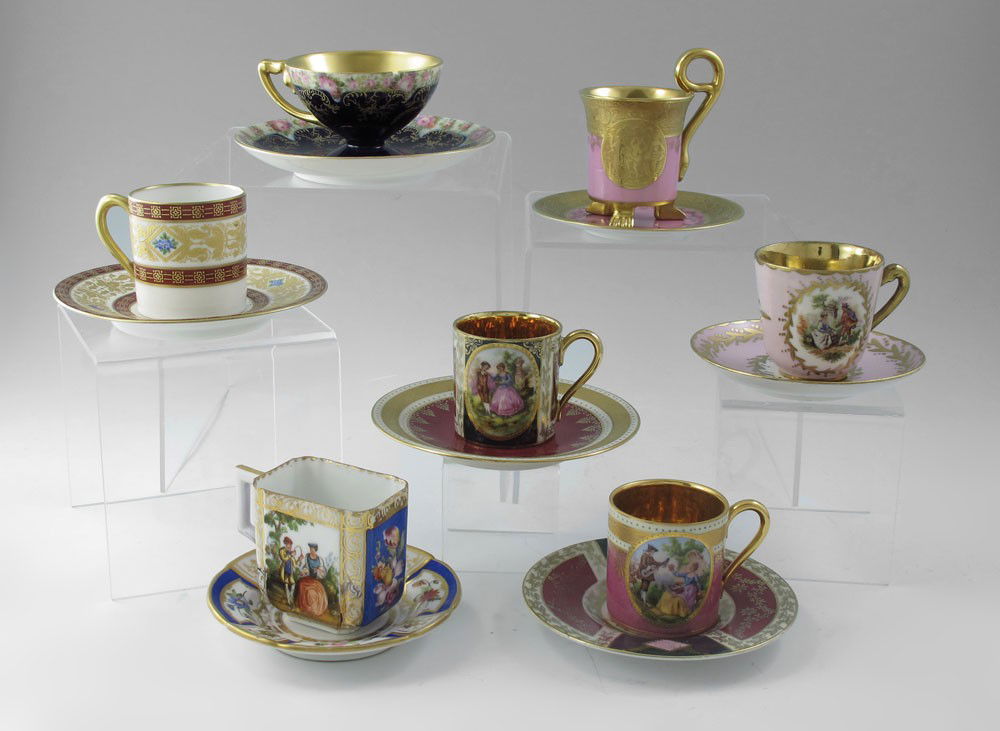 7 FINE AUSTRIAN PORCELAIN CUPS AND SAUCERS: 7 FINE AUSTRIAN PORCELAIN CUPS AND SAUCERS: An assembled collection to include Rosenthal, J.K. Decor, Hutchenreuther, Dresden and others. Largest cup and saucers 2" h. x 3 5/8", saucer, 4 7/8".