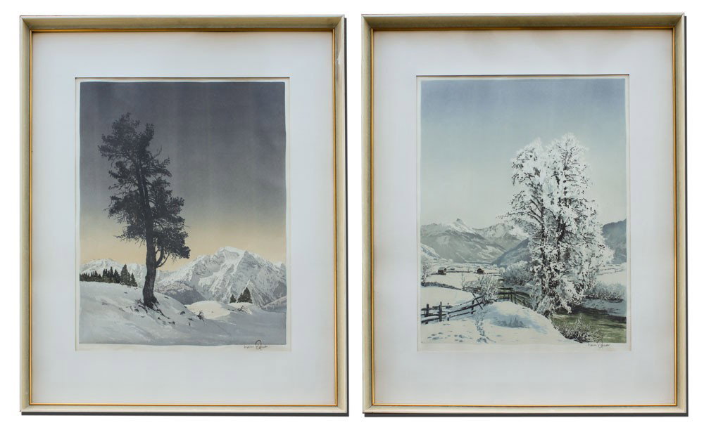 PAIR OF HANS FIGURA WINTER ETCHINGS: FIGURA, Hans, (Austrian, 1898-1978): Pair of Winter Scene Etchings on Silk, sight size 18" x 14 1/2", pencil signed and framed, 26" x 21 3/4".