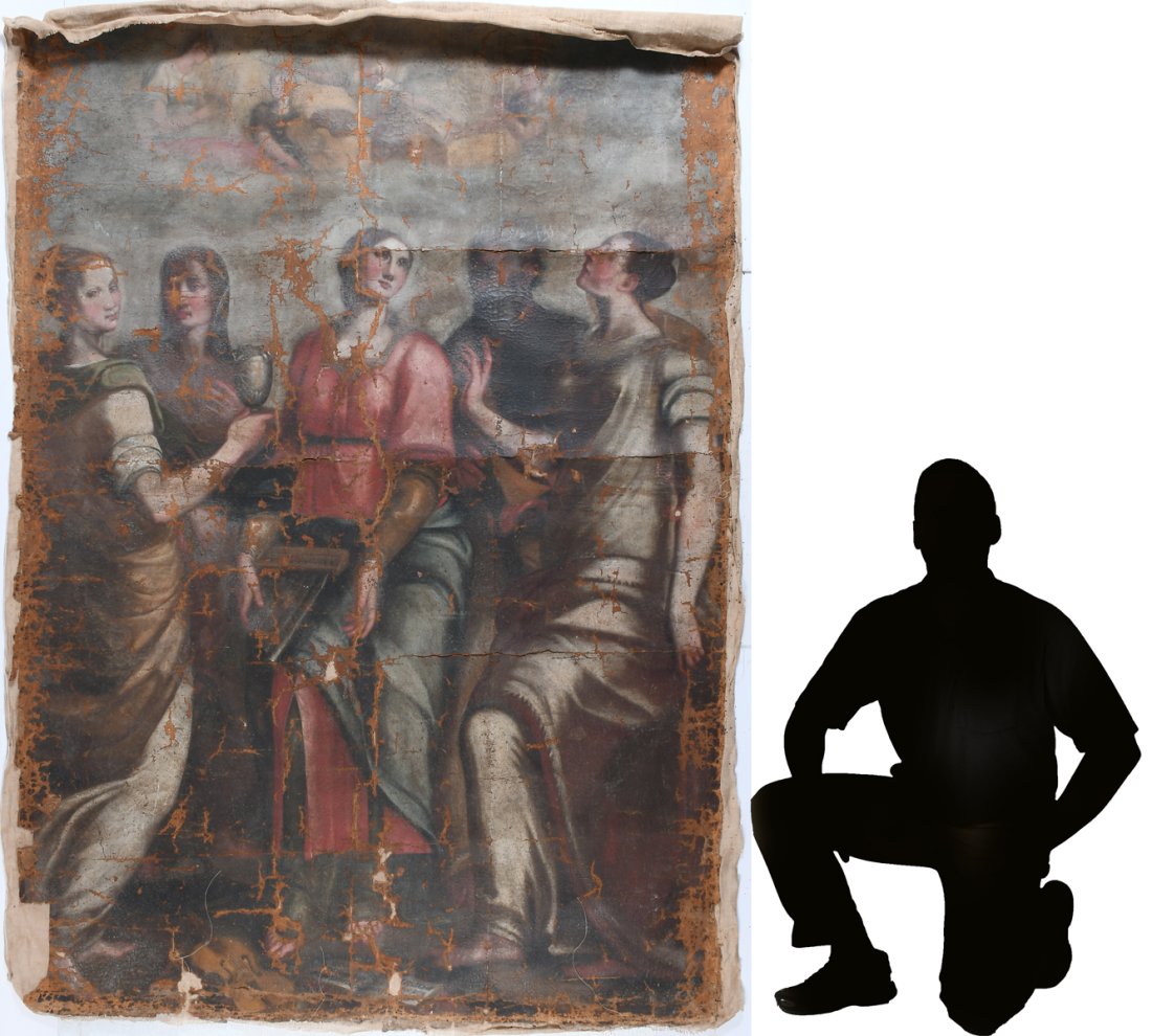 17TH CENTURY? RELIGIOUS PAINTING: 17TH CENTURY? RELIGIOUS PAINTING: Depicts several female figures with several other figures, two of which are in armor with angelic figures looking down from the heavens. Oil/Unstretched Canvas, 79.5"