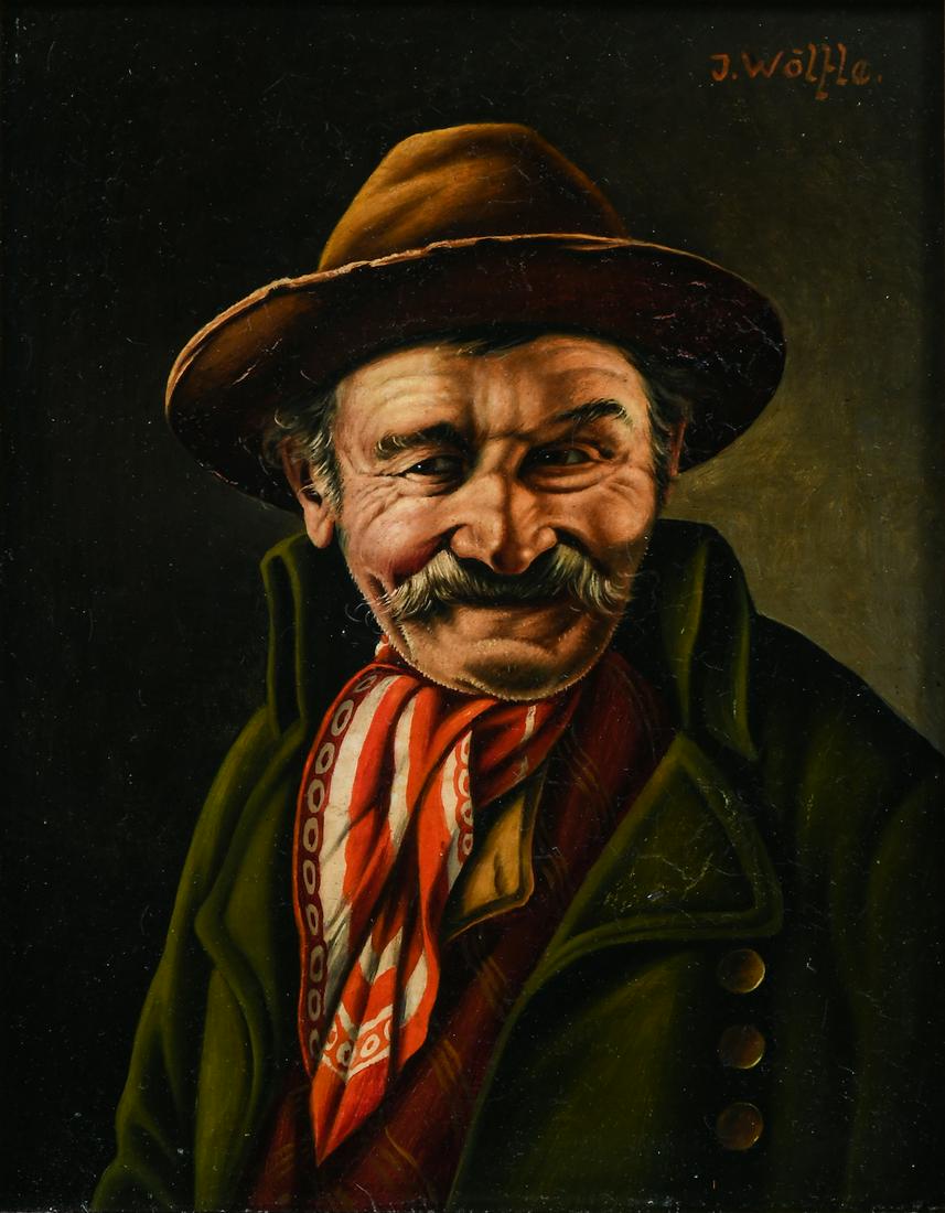 TWO GERMAN PORTRAIT PAINTINGS: TWO GERMAN PORTRAIT PAINTINGS: 1) Franz Wolfle, Portrait of Man in Green Jacket, Oil/Board, 7.25'' x 5.625'', signed upper right, framed, 13.5'' x 12'', Christie's label verso; 2) Fritz Muller, White-