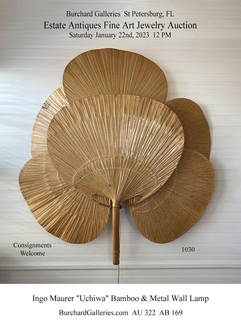 INGO MAURER ''UCHIWA'' BAMBOO & METAL WALL LAMP: INGO MAURER ''UCHIWA'' BAMBOO & METAL WALL LAMP: Rare 70's sculptural wall lamp by Ingo Maurer for Design M. Comprised of 6 lacquered paper palm fans, bamboo stems, all on a metal frame. The lamp crea