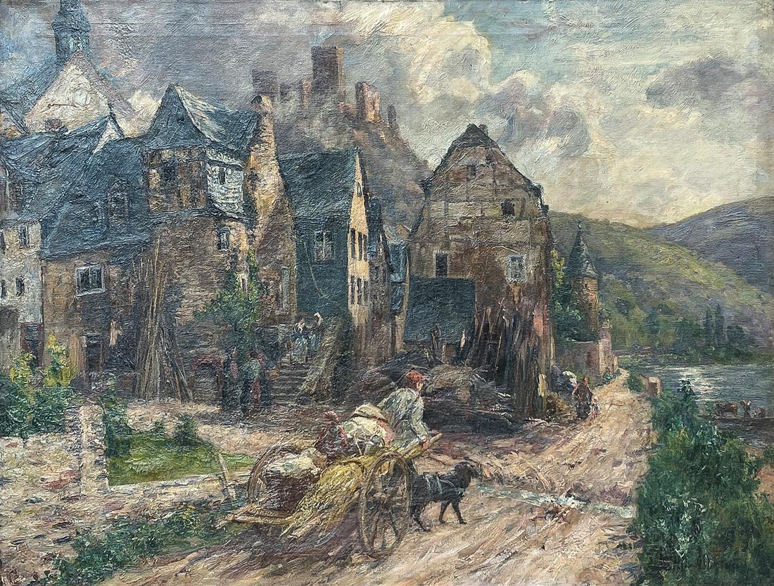 LARGE PETER MULLER-WERLAU EUROPEAN VILLAGE PAINTING: MULLER-WERLAU, Peter, (German, 1866-1949): Daily Life in A European Village 19th Century, Oil/Canvas, 31'' x 41.25'', signed lower right, encased in a massive gilded and carved deep dish gesso frame,