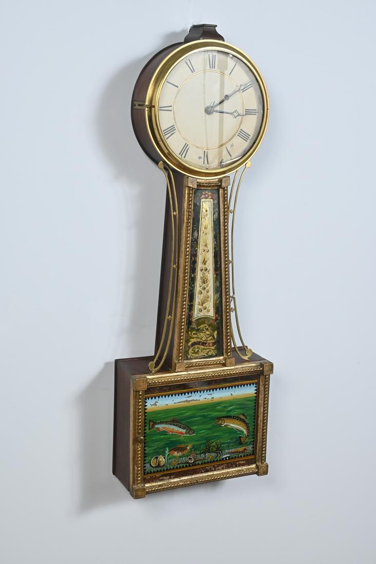 19TH-CENTURY ELNATHAN TABOR BANJO CLOCK: 19TH-CENTURY ELNATHAN TABOR BANJO CLOCK: Exceptional banjo clock having reverse glass painted tablet of underwater scene with fish & seashells. Throat frame features acorn motif and reads ''E. Tabor''