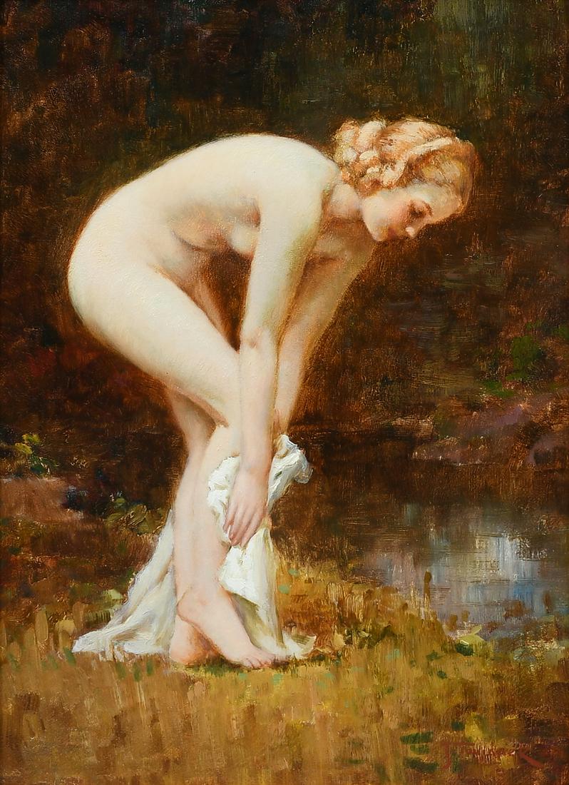 JOSEPH TOMANEK NUDE IN THE FOREST PAINTING: TOMANEK, Joseph, (American, 1889-1974): A Young Female Nude in the Forest Drying Off, Oil/Board, 13.5'' x 9.75'', signed lower right, signed verso and dated 1932, period Impressionist frame, 20'' x 16