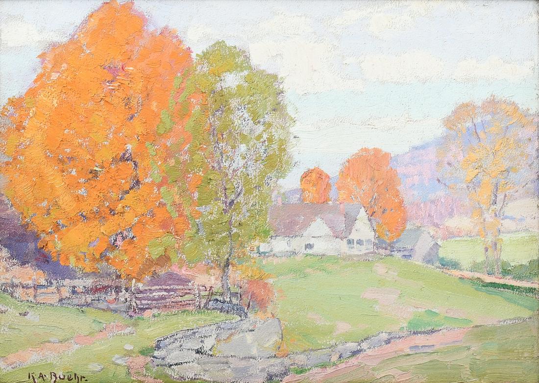 K.A. BUEHR AUTUMN COUNTRY HOUSE PAINTING: BUEHR, Karl Albert, (German, 1866-1952): ''A Vermont Homestead'', Oil/Board, 10'' x 13.75'', signed lower left, old label with title affixed verso, encased in period Arts and Crafts gilded and carved 