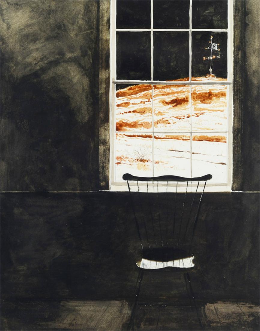 RONALD FRONTIN INTERIOR PAINTING: FRONTIN, Ronald, (American, b. 1962): Interior Scene with Windsor Chair at Window, Watercolor/Paper, sight size 24'' x 19.25'', signed upper left and dated '92, matted, fine silver gilt frame, 35.5'' 