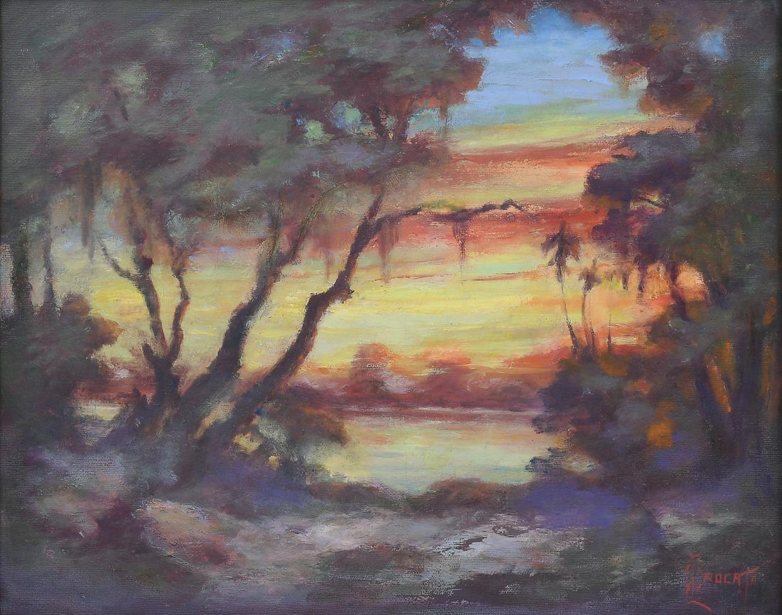 THREE SAMUEL J. BROCATO PAINTINGS: BROCATO, Samuel J., (American, 20th Century): 1) Swamp Sunset, Oil/Canvas, 16'' x 20'', signed lower right, framed, 19.5'' x 23.5''; 2) Florida Creek, Oil/Canvasboard, 24'' x 30'', signed lower right,