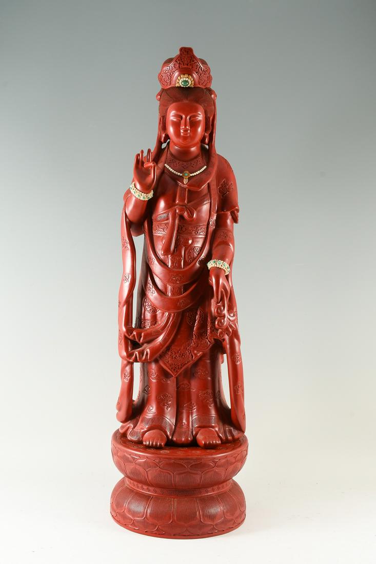 LATE 18TH TO EARLY 19TH-CENTURY CINNABAR GUAN YIN: LATE 18TH TO EARLY 19TH-CENTURY CINNABAR GUAN YIN: Impressive cinnabar finish, carved Guan Yin standing in Shuni Mudra gesture symbolizing patience & discipline. 2-Pieces, with statue on stylized lotu
