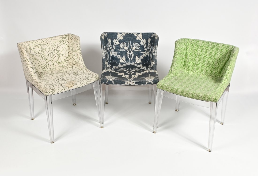 3 PHILIPPE STARCK FOR KARTELL SIDE CHAIRS: 3 PHILIPPE STARCK FOR KARTELL SIDE CHAIRS: Three "Mademoiselle" chairs designed by Philippe Starck, made in Italy by Kartell, circa 2003. Each with different upholstered patterns. Signed in molding, a