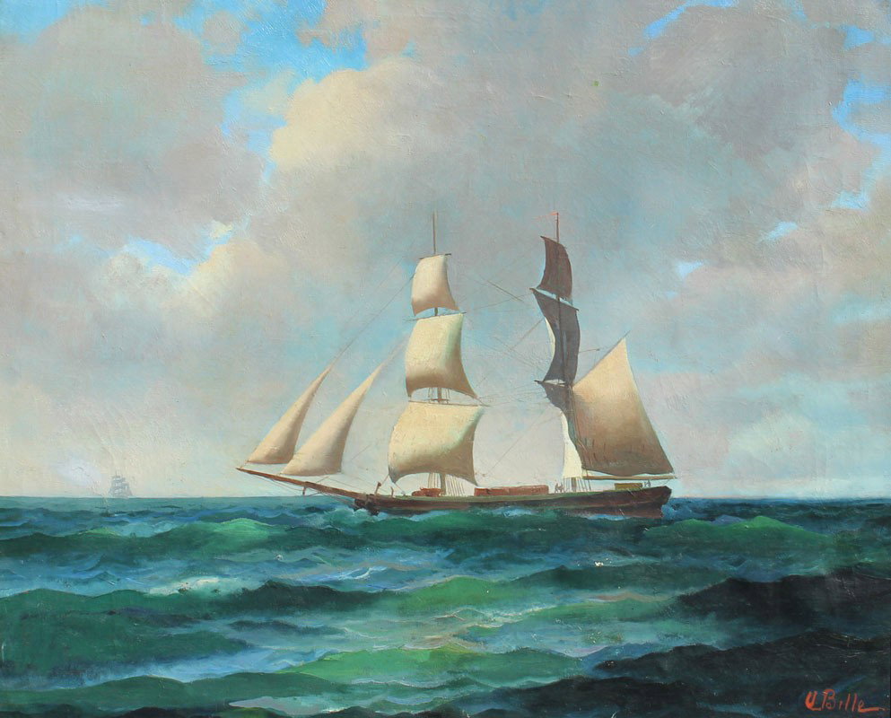 WILLY BILLE CLIPPER PAINTING: BILLE, Willy, (Danish, 1889-1944): Clipper ship at sea, O/C, 27 1/2'' x 34'', signed lower right, original gilded frame with wear, 35 1/2'' x 41 3/4''.