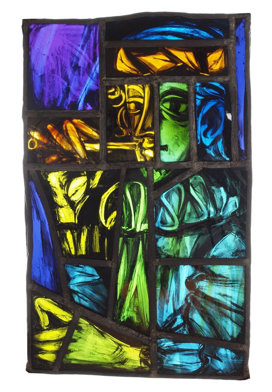 EARLY AND PAINTED LEADED STAINED GLASS PANEL: EARLY HAND PAINTED STAINED GLASS PANEL: Painted image depicting Sir Walter Raleigh. Random color and size pieces, leaded and hand painted. Measures approx. 25 1/2'' x 16''.