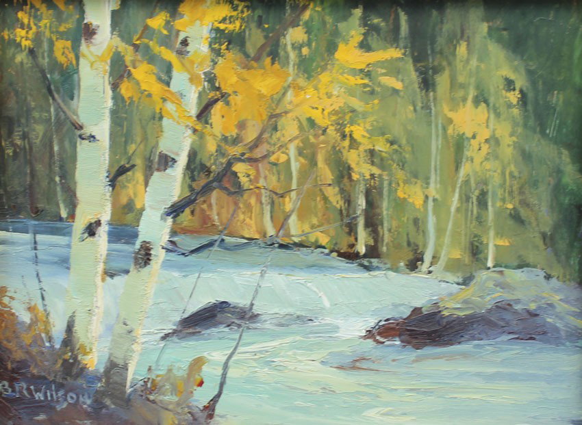 B.R. WILSON CANADIAN PAINTING BIRCHES: WILSON, B. Russell, (Canadian, 20th C.): ''Birch Splendor, N. B.'', Oil/Masonite, depicts a rushing stream through the birches, 9'' x 12'', signed lower left, wooden frame, 13 1/2'' x 16 1/2''.